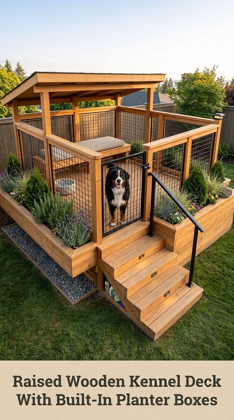 Raised Wooden Kennel Deck With Built-In Planter Boxes