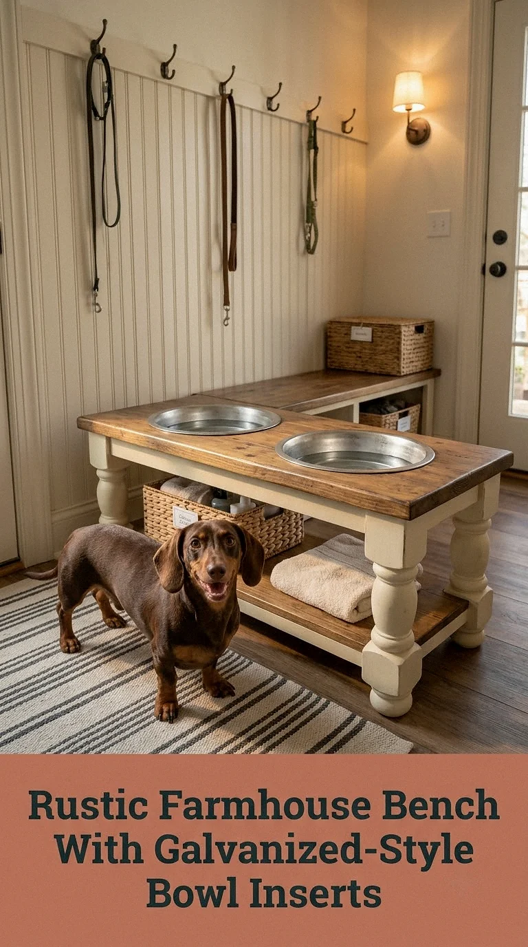 Rustic Farmhouse Bench With Galvanized-Style Bowl Inserts