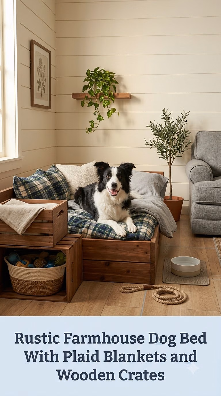 Rustic Farmhouse Dog Bed With Plaid Blankets and Wooden Crates