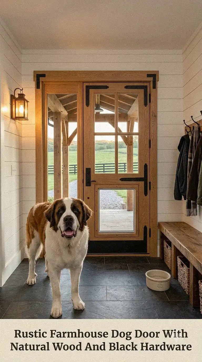 Rustic Farmhouse Dog Door With Natural Wood And Black Hardware