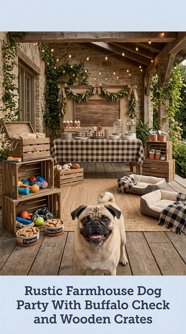Rustic Farmhouse Dog Party With Buffalo Check and Wooden Crates