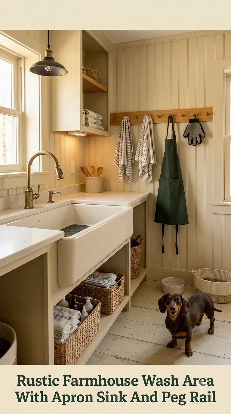 Rustic Farmhouse Wash Area With Apron Sink And Peg Rail