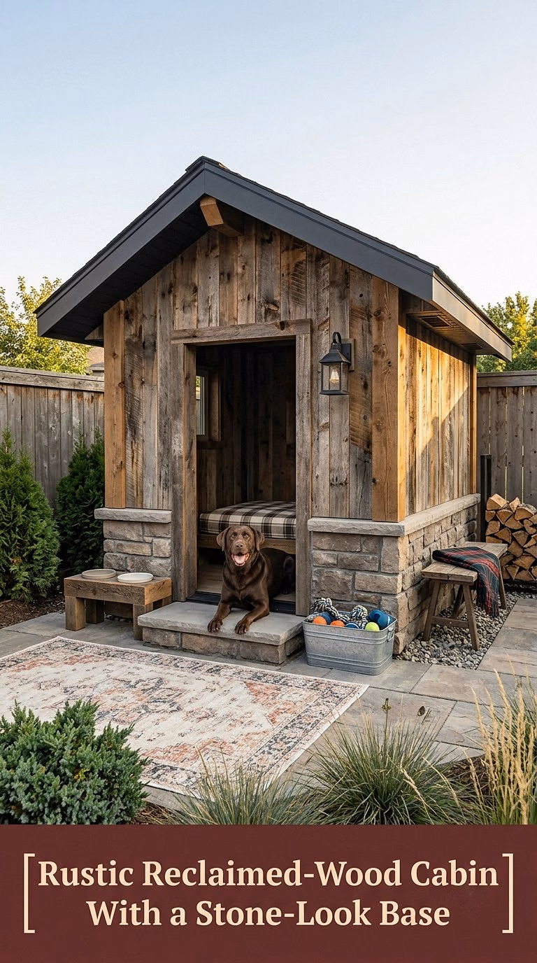6. Rustic Reclaimed-Wood Cabin With a Stone-Look Base