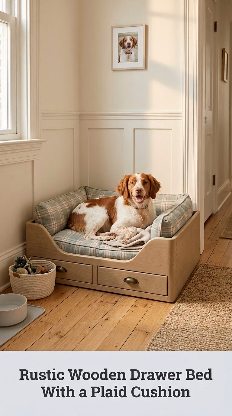 Rustic Wooden Drawer Bed With a Plaid Cushion