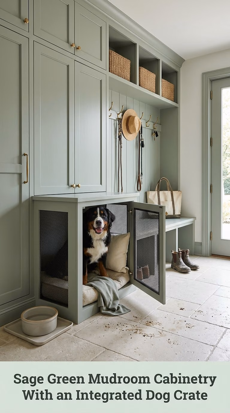 Sage Green Mudroom Cabinetry With an Integrated Dog Crate