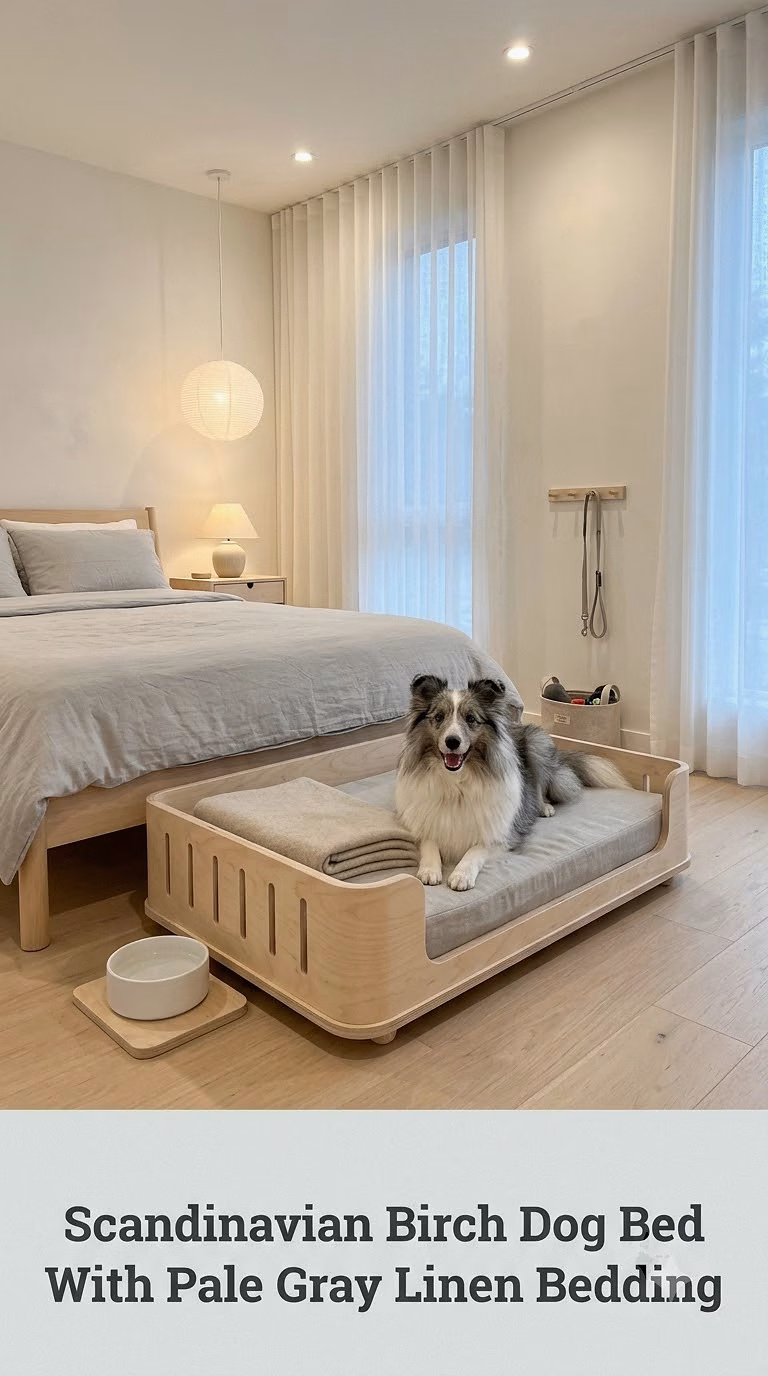 Scandinavian Birch Dog Bed With Pale Gray Linen Bedding