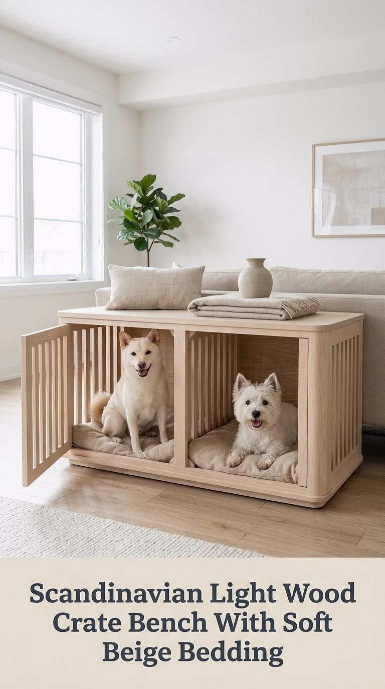 Scandinavian Light Wood Crate Bench With Soft Beige Bedding
