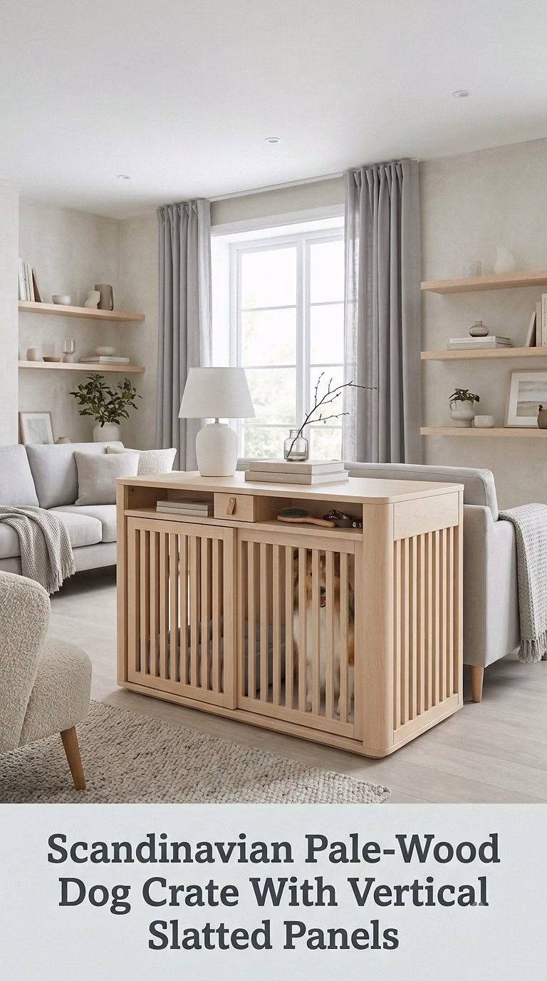 Scandinavian Pale-Wood Dog Crate With Vertical Slatted Panels