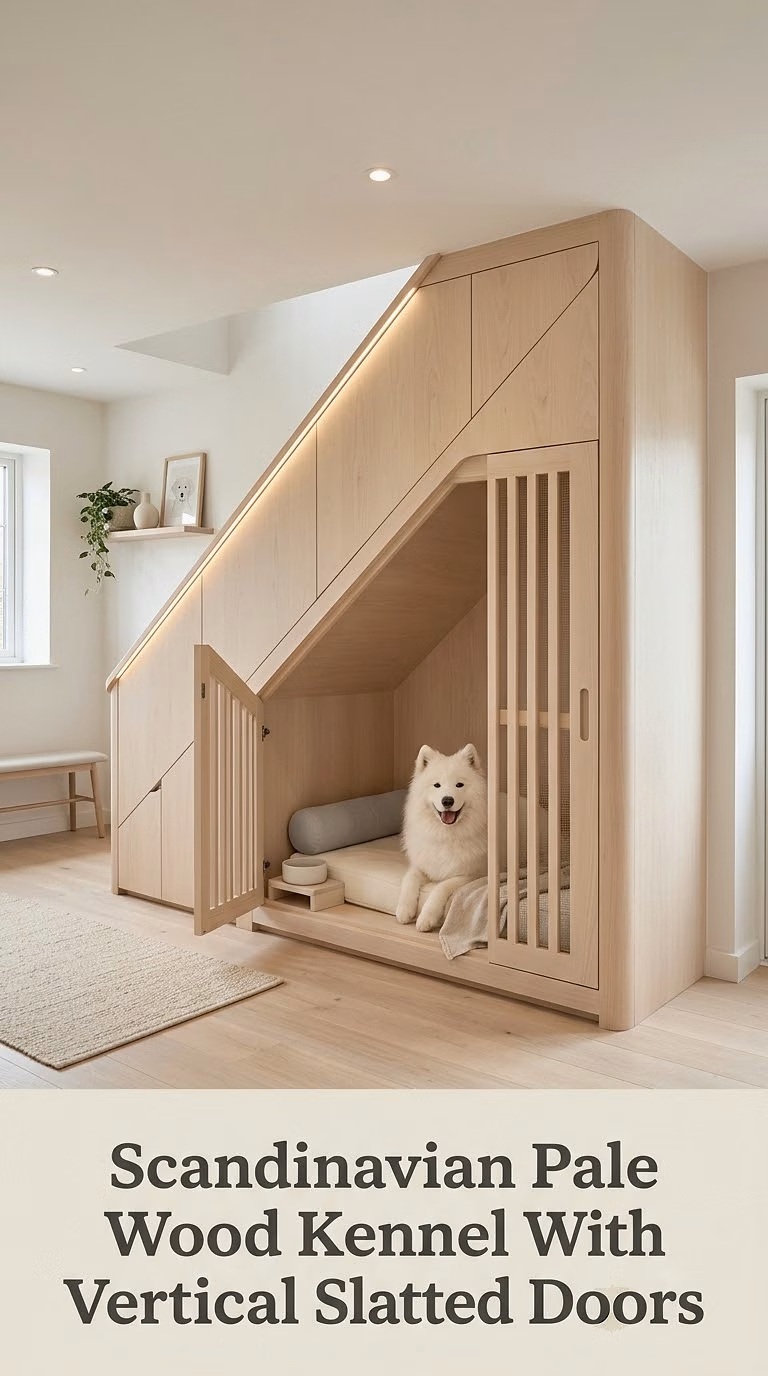 Scandinavian Pale Wood Kennel With Vertical Slatted Doors