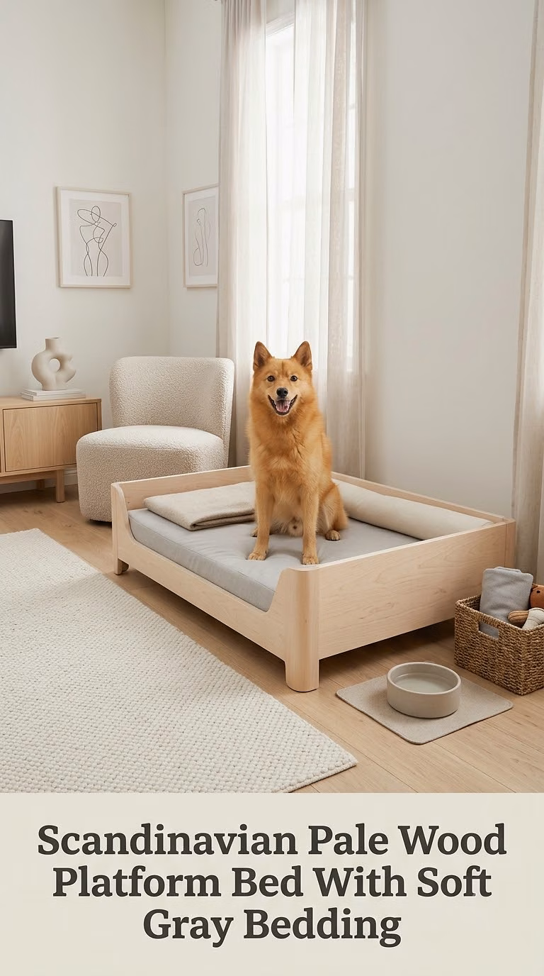 Scandinavian Pale Wood Platform Bed With Soft Gray Bedding
