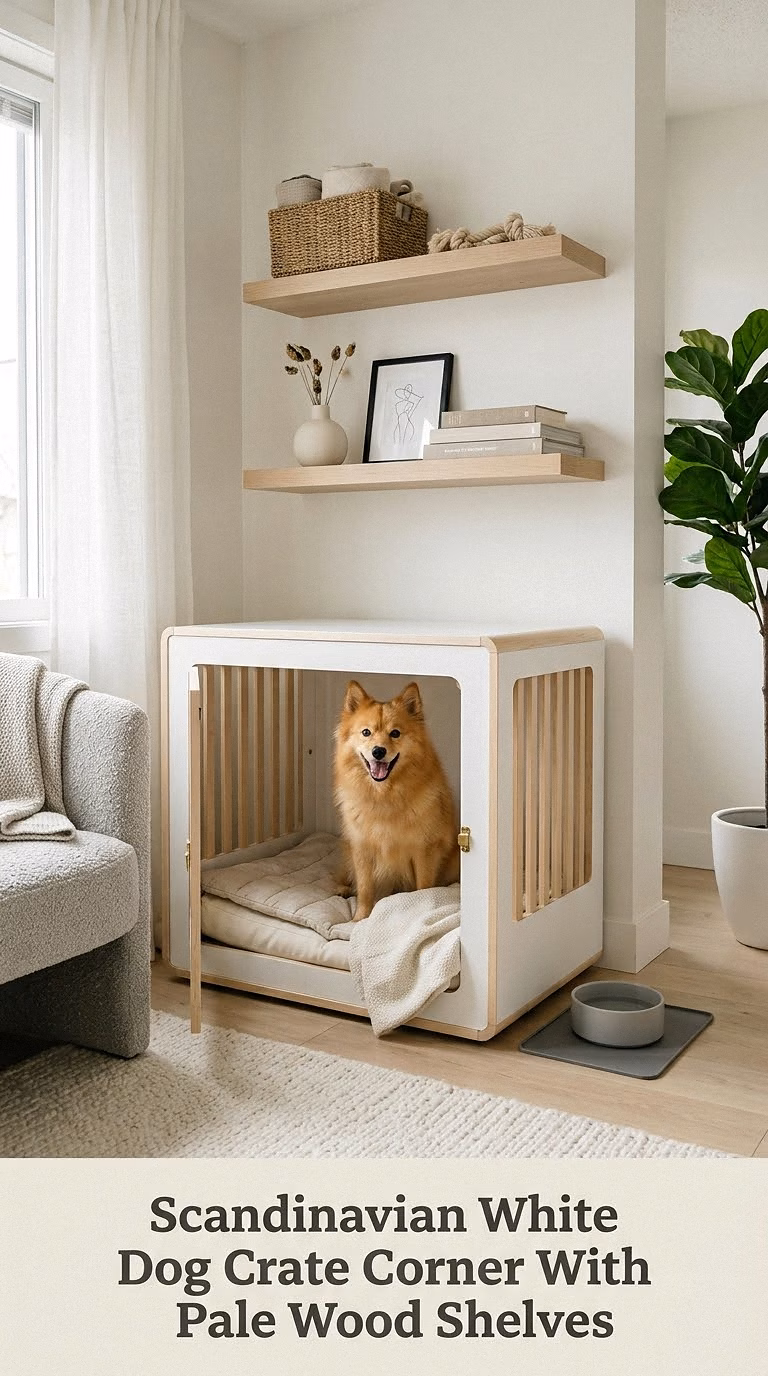 Scandinavian White Dog Crate Corner With Pale Wood Shelves