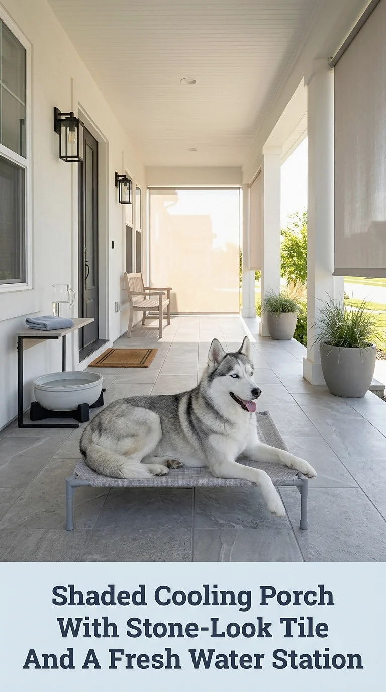 Shaded Cooling Porch With Stone-Look Tile And A Fresh Water Station