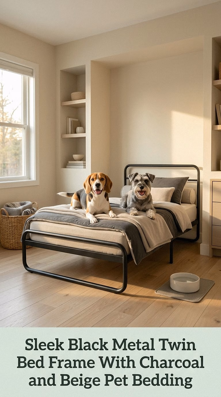 Sleek Black Metal Twin Bed Frame With Charcoal and Beige Pet Bedding