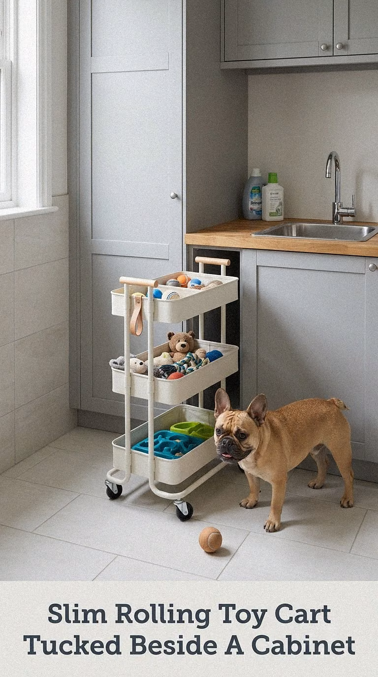 Slim Rolling Toy Cart Tucked Beside A Cabinet