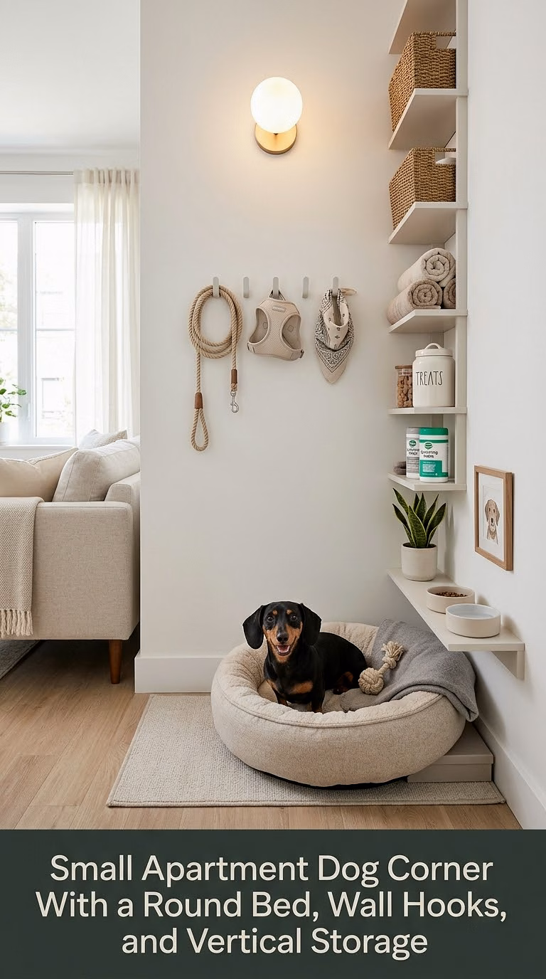 6. Small Apartment Dog Corner With a Round Bed, Wall Hooks, and Vertical Storage