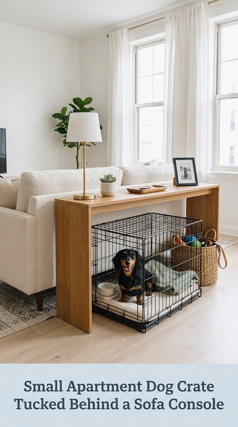 Small Apartment Dog Crate Tucked Behind a Sofa Console