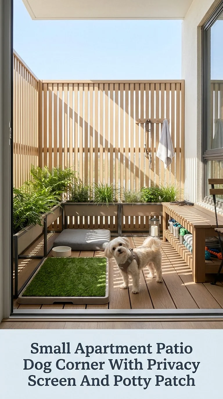 Small Apartment Patio Dog Corner With Privacy Screen And Potty Patch