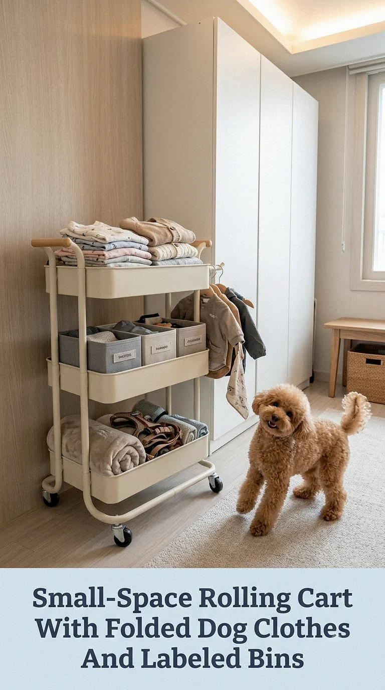 Small-Space Rolling Cart With Folded Dog Clothes And Labeled Bins