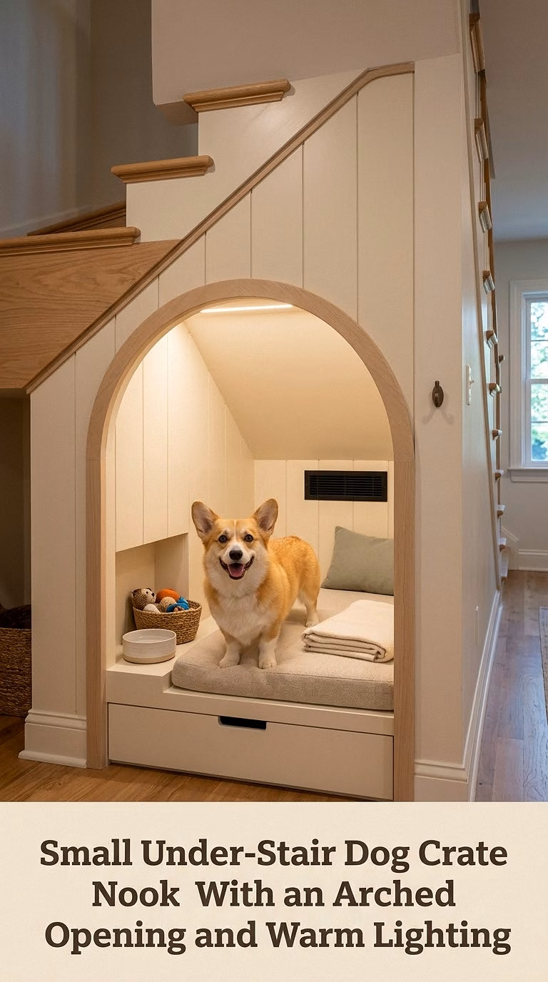 Small Under-Stair Dog Crate Nook With an Arched Opening and Warm Lighting
