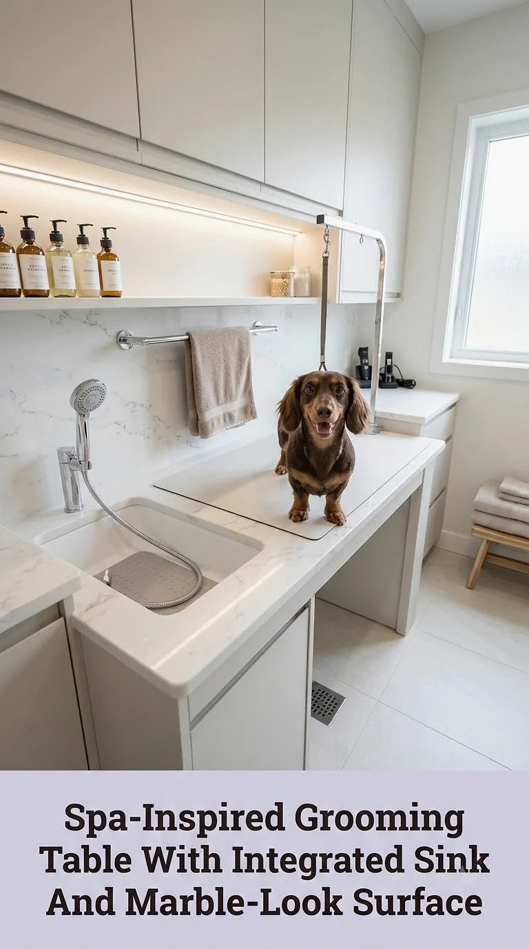 Spa-Inspired Grooming Table With Integrated Sink And Marble-Look Surface