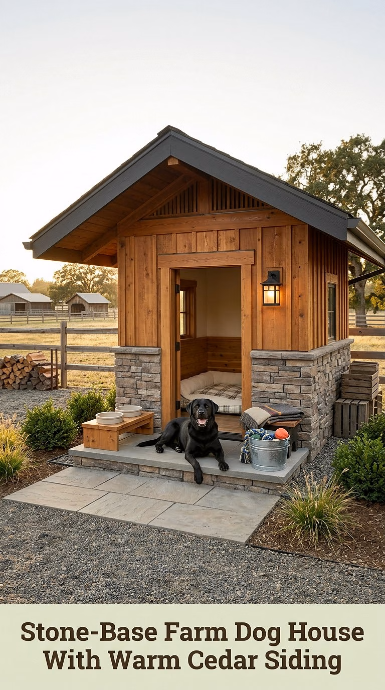 6. Stone-Base Farm Dog House With Warm Cedar Siding