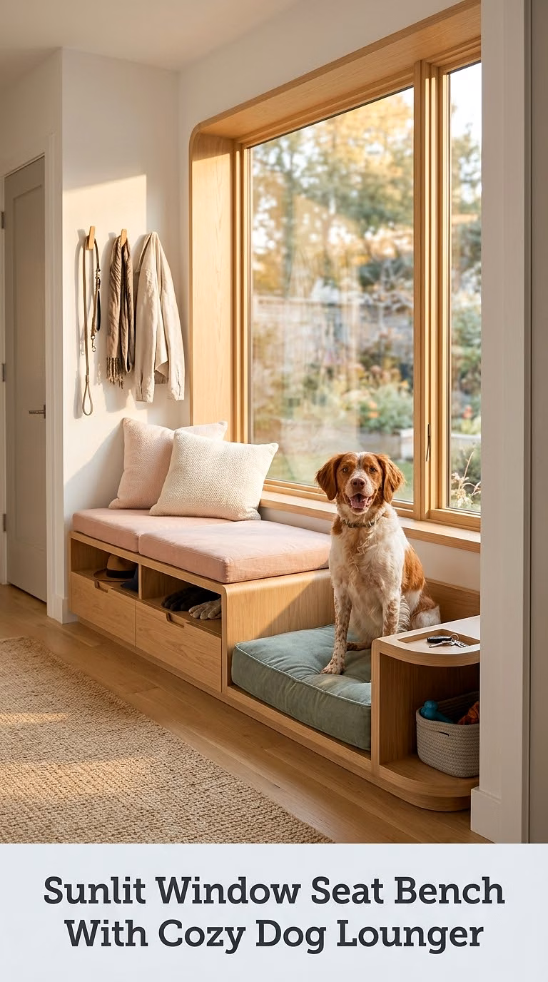 Sunlit Window Seat Bench With Cozy Dog Lounger