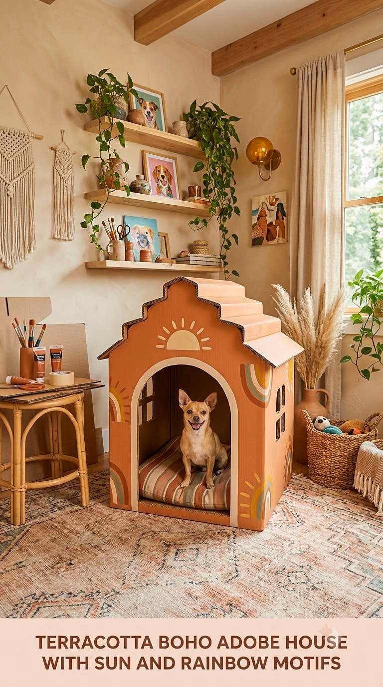 Terracotta Boho Adobe House With Sun and Rainbow Motifs