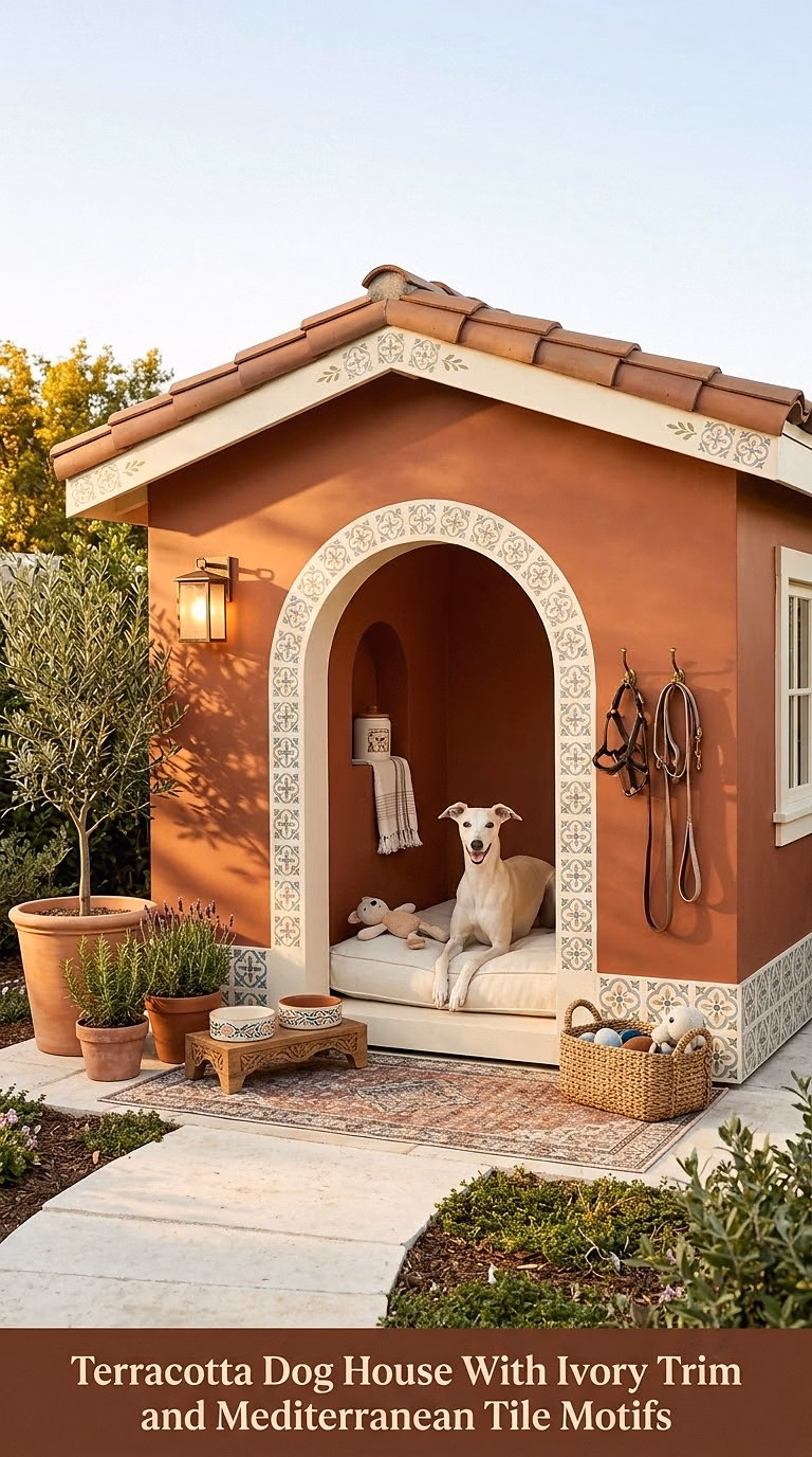 6. Terracotta Dog House With Ivory Trim and Mediterranean Tile Motifs
