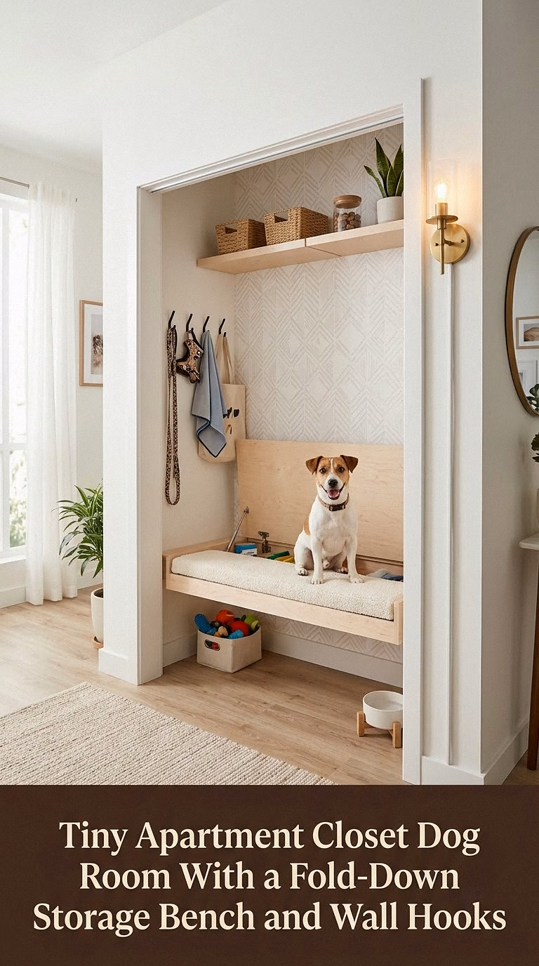 6. Tiny Apartment Closet Dog Room With a Fold-Down Storage Bench and Wall Hooks