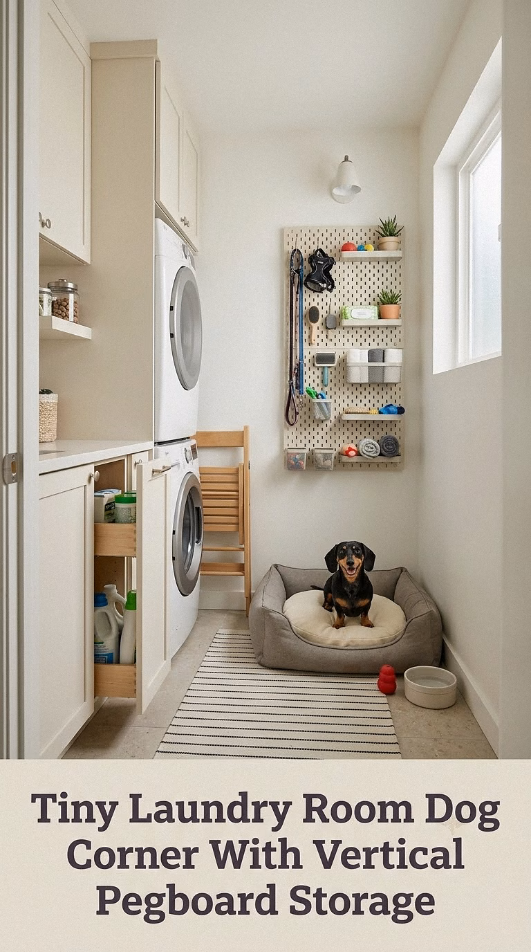 6. Tiny Laundry Room Dog Corner With Vertical Pegboard Storage