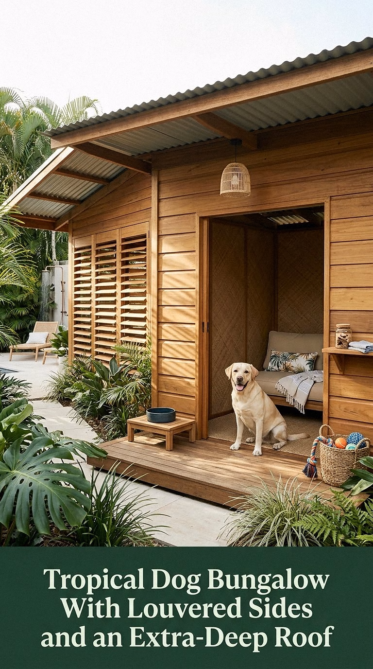 Tropical Dog Bungalow With Louvered Sides and an Extra-Deep Roof