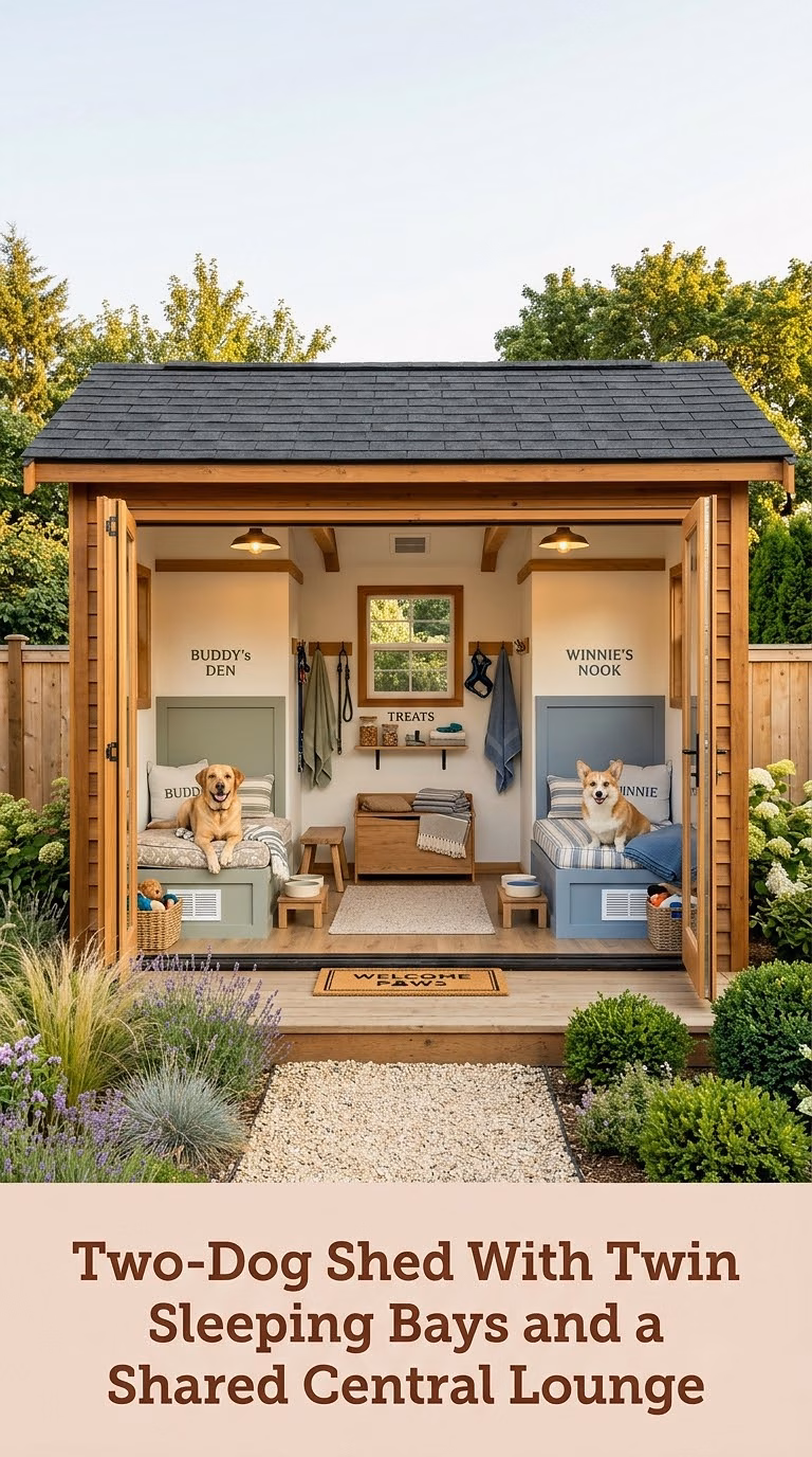 6. Two-Dog Shed With Twin Sleeping Bays and a Shared Central Lounge