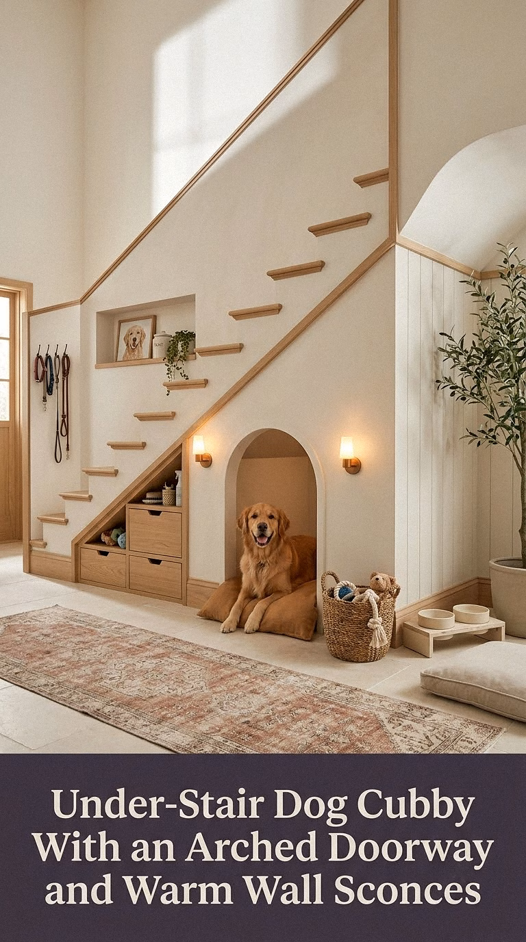 6. Under-Stair Dog Cubby With an Arched Doorway and Warm Wall Sconces