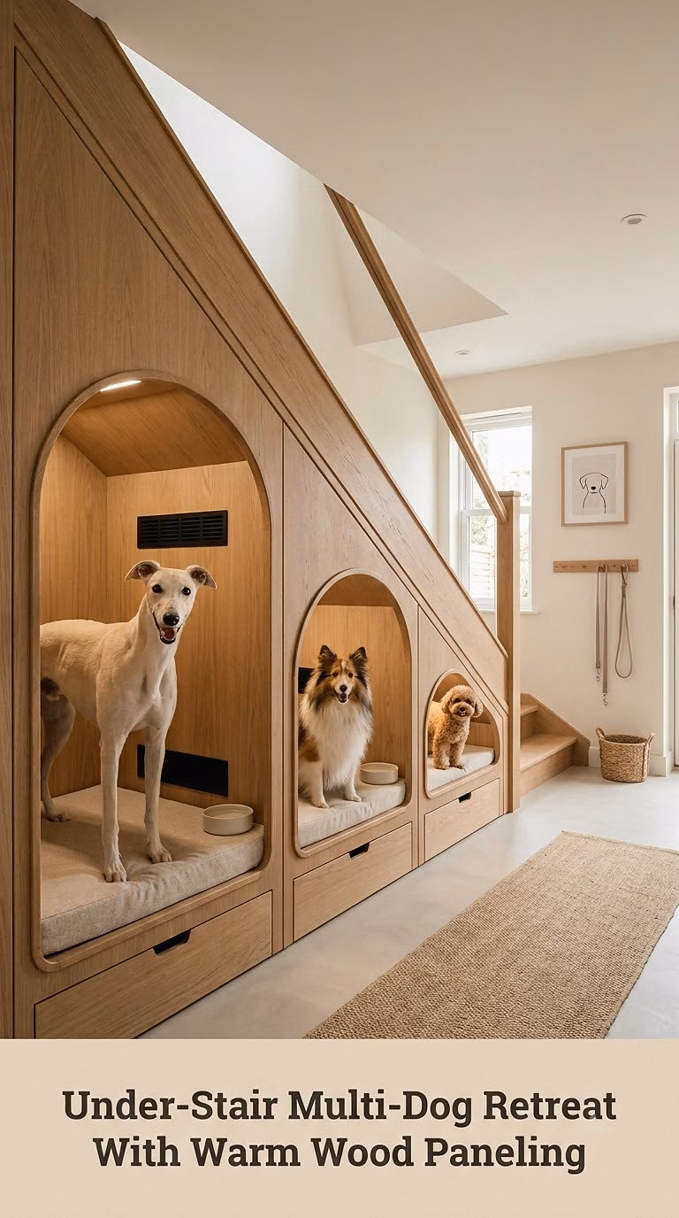 Under-Stair Multi-Dog Retreat With Warm Wood Paneling