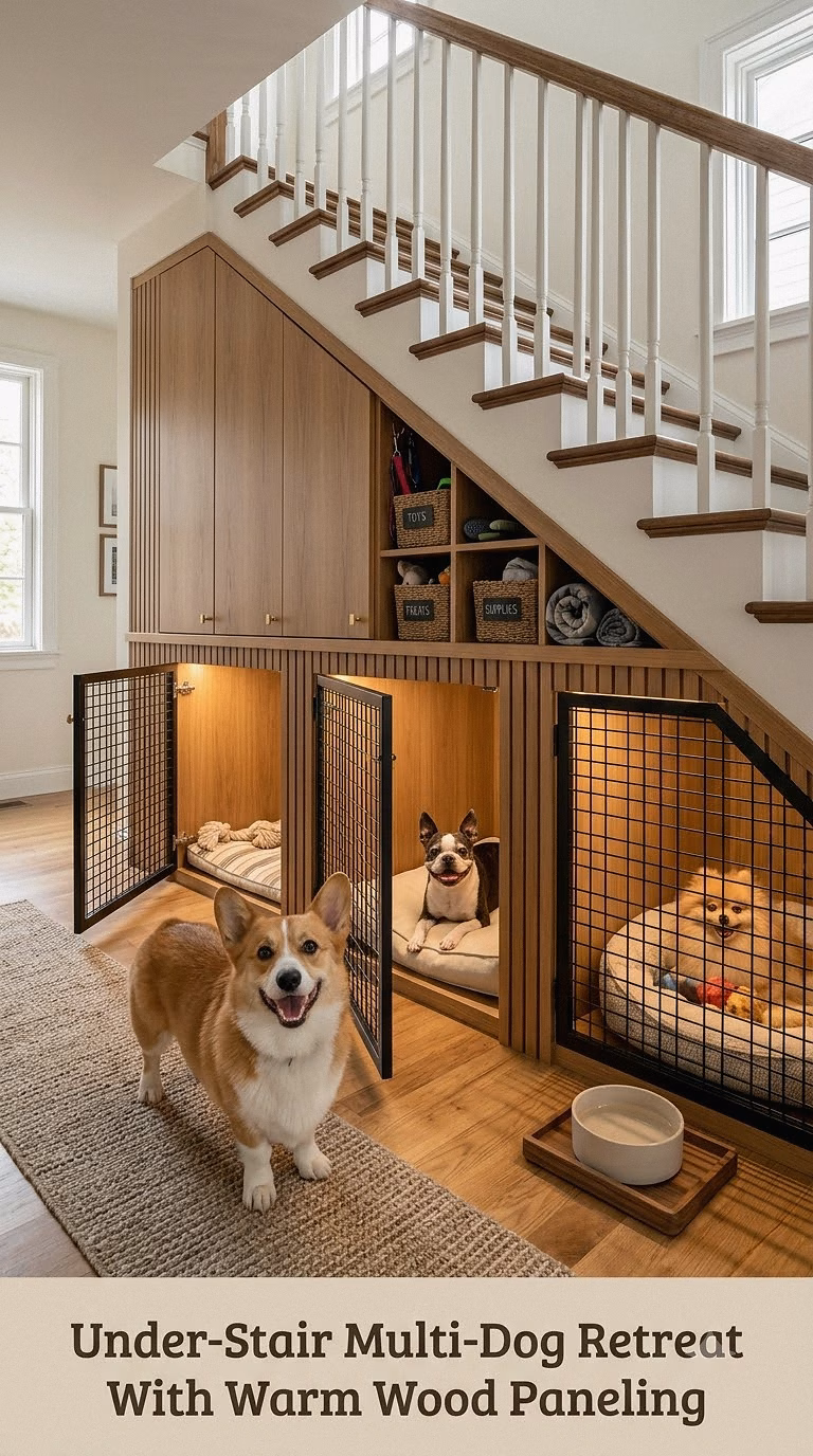 Under-Stair Multi-Dog Retreat With Warm Wood Paneling