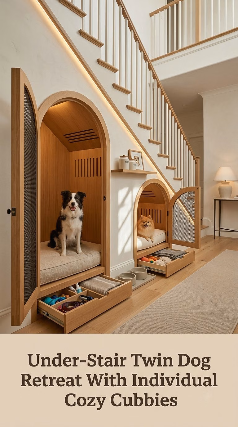 Under-Stair Twin Dog Retreat With Individual Cozy Cubbies