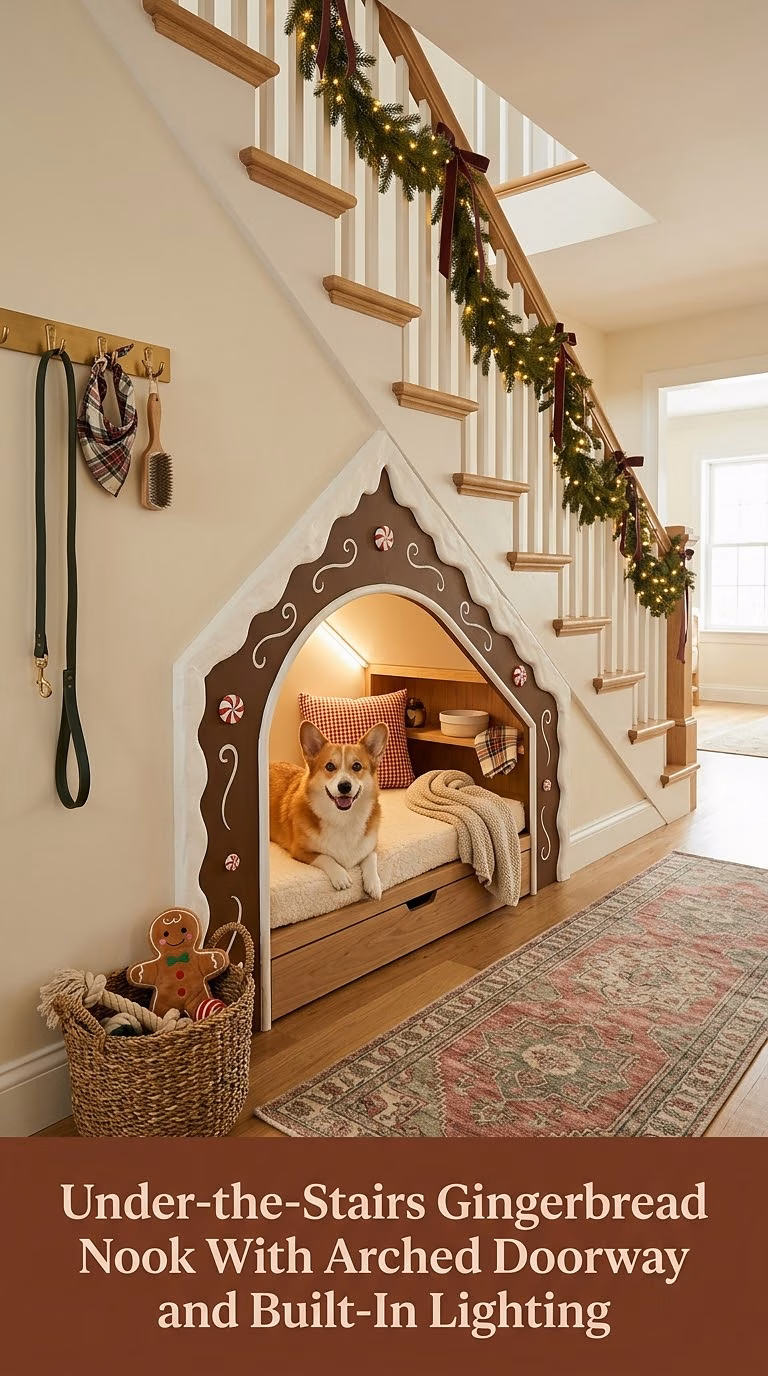 Under-the-Stairs Gingerbread Nook With Arched Doorway and Built-In Lighting