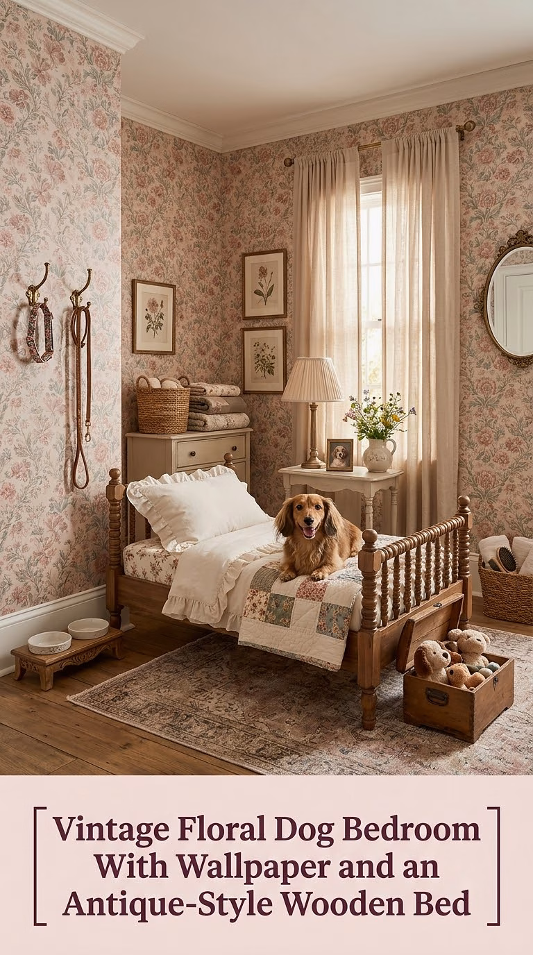 6. Vintage Floral Dog Bedroom With Wallpaper and an Antique-Style Wooden Bed