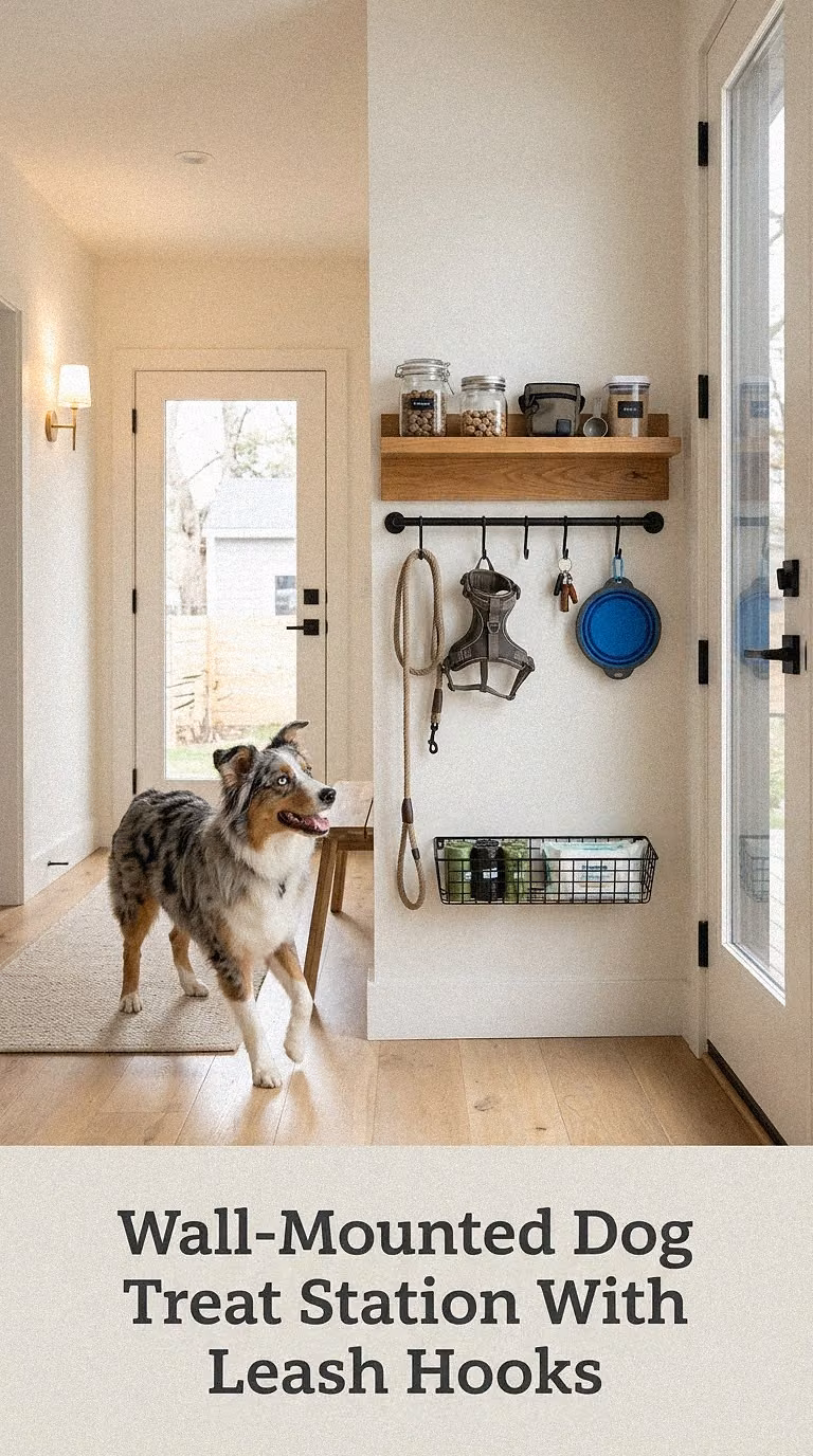 Wall-Mounted Dog Treat Station With Leash Hooks