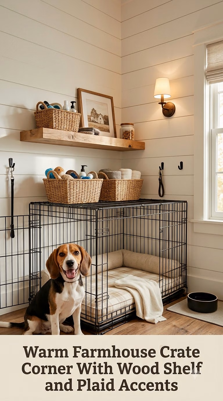 Warm Farmhouse Crate Corner With Wood Shelf and Plaid Accents