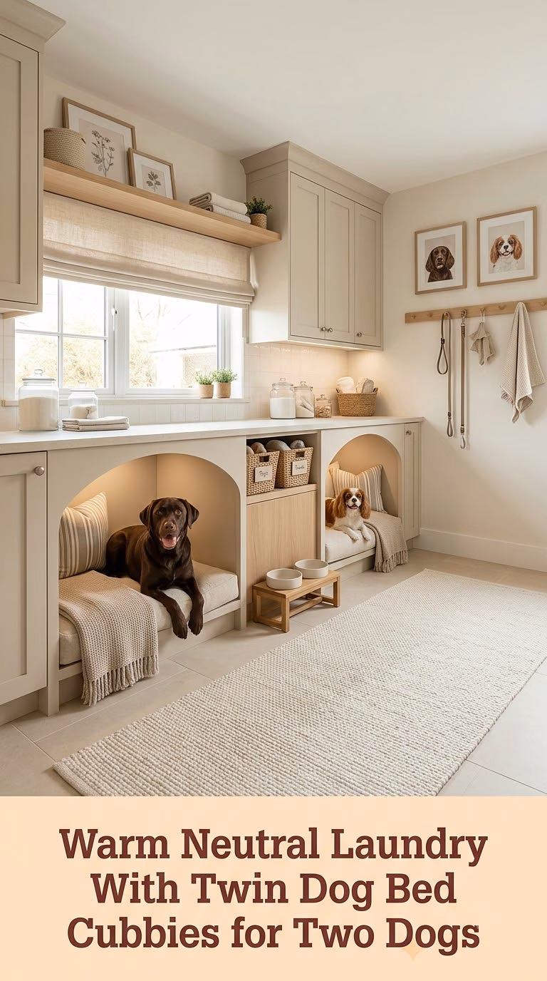 6. Warm Neutral Laundry Room With Twin Dog Bed Cubbies for Two Dogs