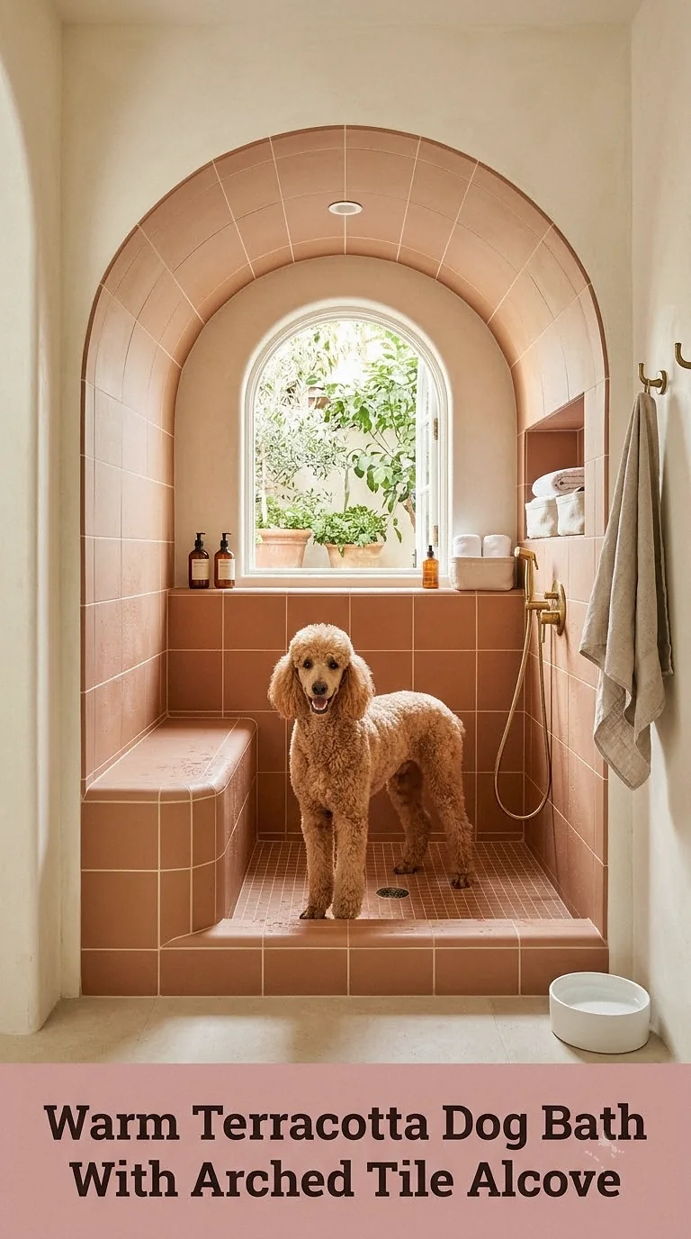 Warm Terracotta Dog Bath With Arched Tile Alcove