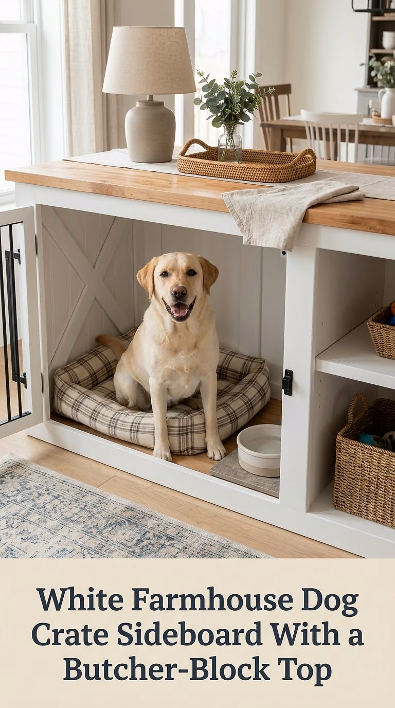 White Farmhouse Dog Crate Sideboard With a Butcher-Block Top