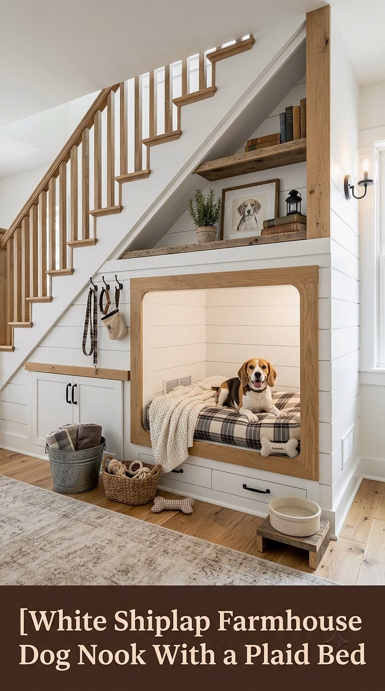 6. White Shiplap Farmhouse Dog Nook With a Plaid Bed