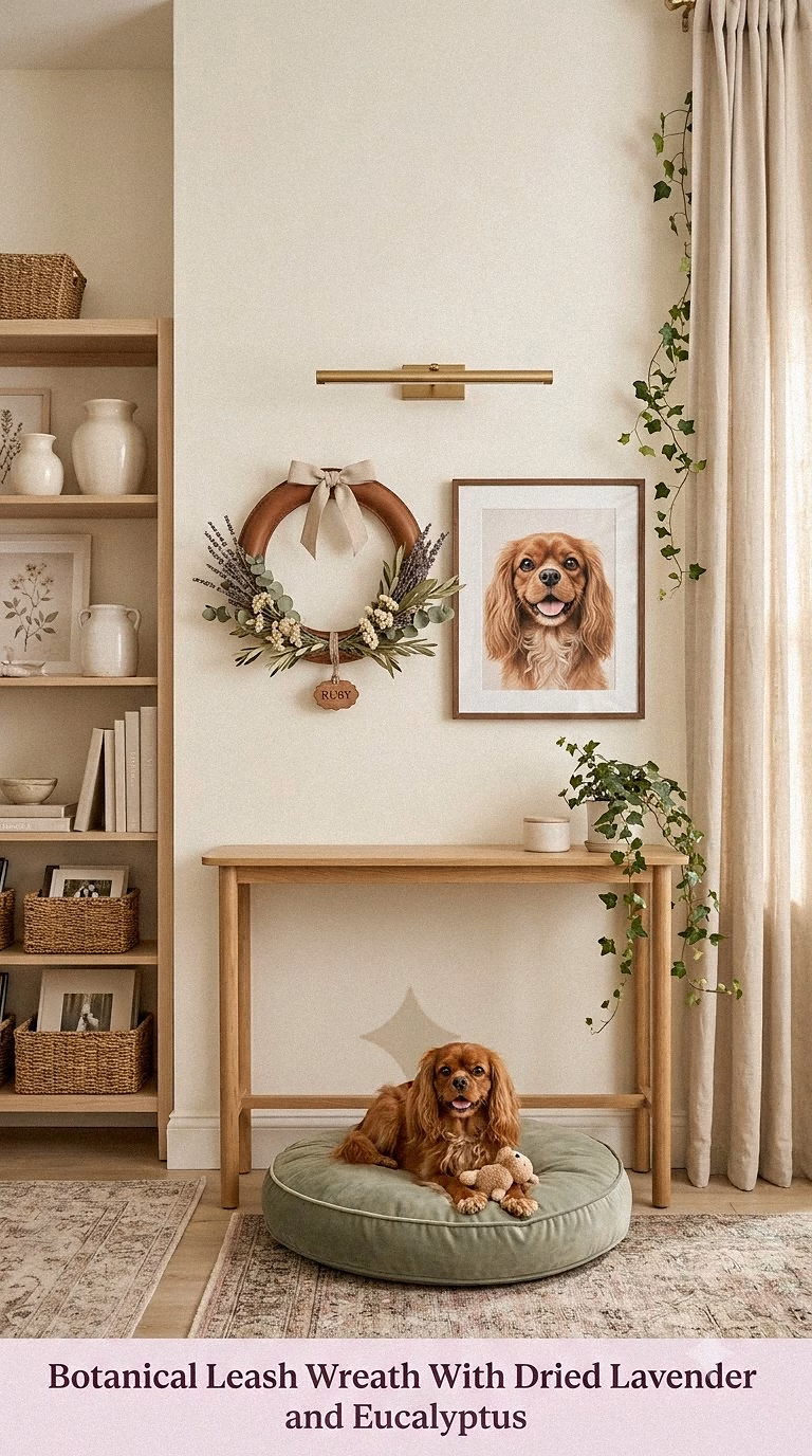 7. Botanical Leash Wreath With Dried Lavender, Eucalyptus, and Wooden Name Tag