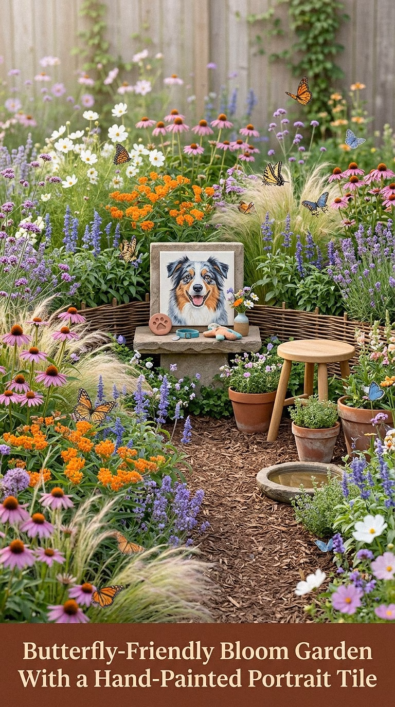 7. Butterfly-Friendly Bloom Garden With a Hand-Painted Portrait Tile