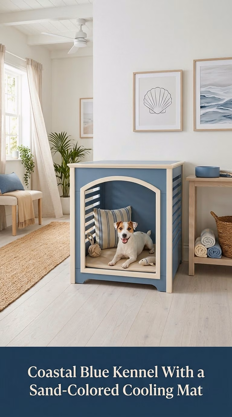 7. Coastal Blue Kennel With a Sand-Colored Cooling Mat