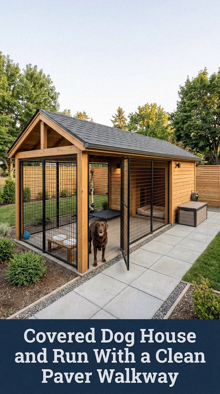 7. Covered Dog House and Run With a Clean Paver Walkway