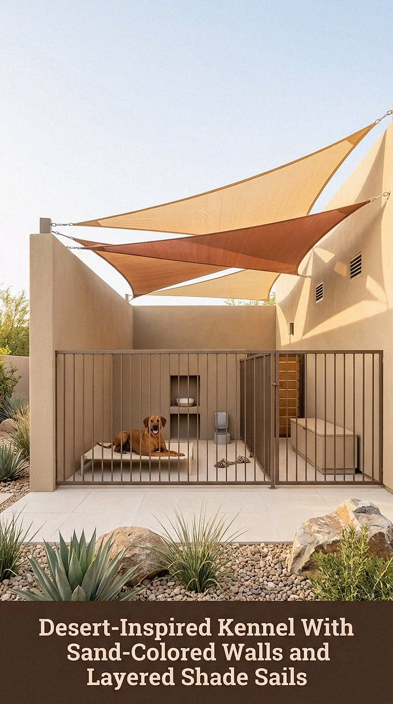 7. Desert-Inspired Kennel With Sand-Colored Walls and Layered Shade Sails