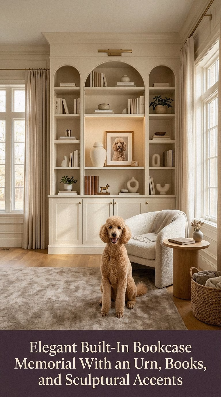 7. Elegant Built-In Bookcase Memorial With an Urn, Books, and Sculptural Accents